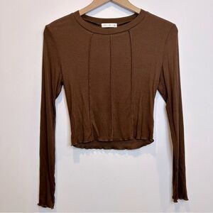 Active USA Seamed Long Sleeve Cropped Shirt Top Dark Chocolate Brown
